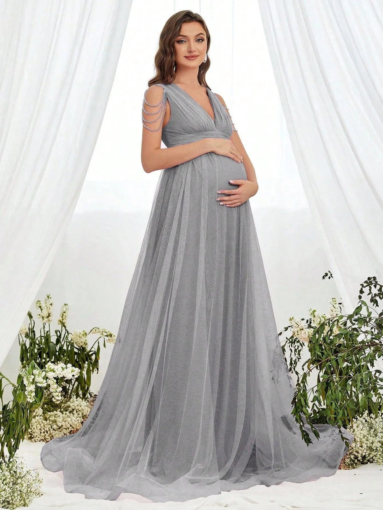 Maternity Chain Detail Plunging Neck Mesh Formal Dress - Elonnashop