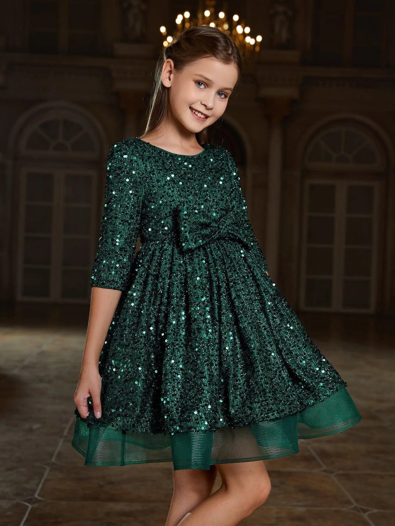 Tween Girls' Bow Detail 3/4 Sleeve Sequin Party Dress - Elonnashop