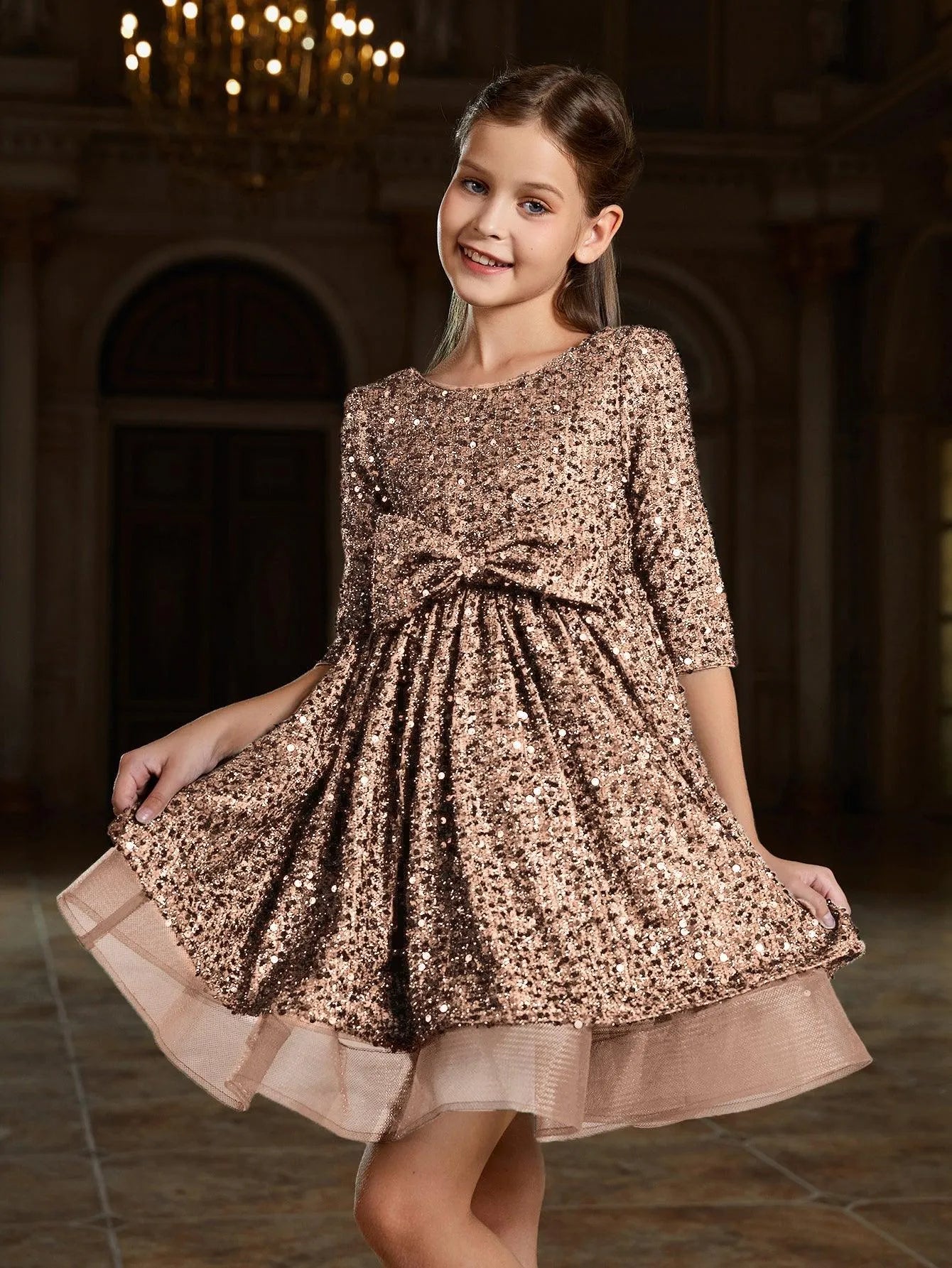 Tween Girls' Bow Detail 3/4 Sleeve Sequin Party Dress - Elonnashop