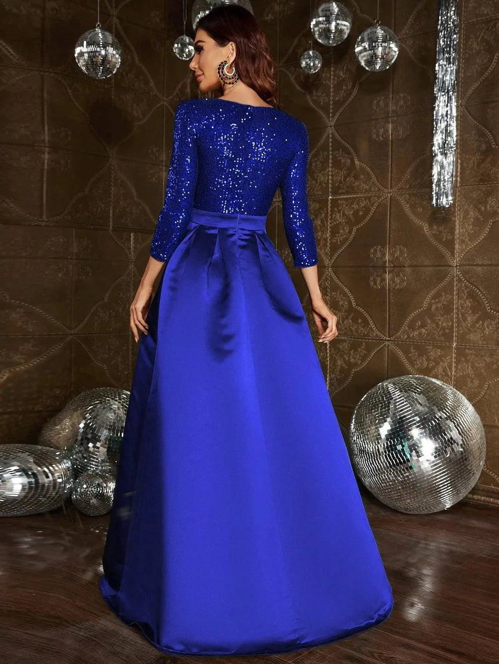 Elegant V Neck 3/4 Sleeve Slit A Line Prom Dress - Elonnashop