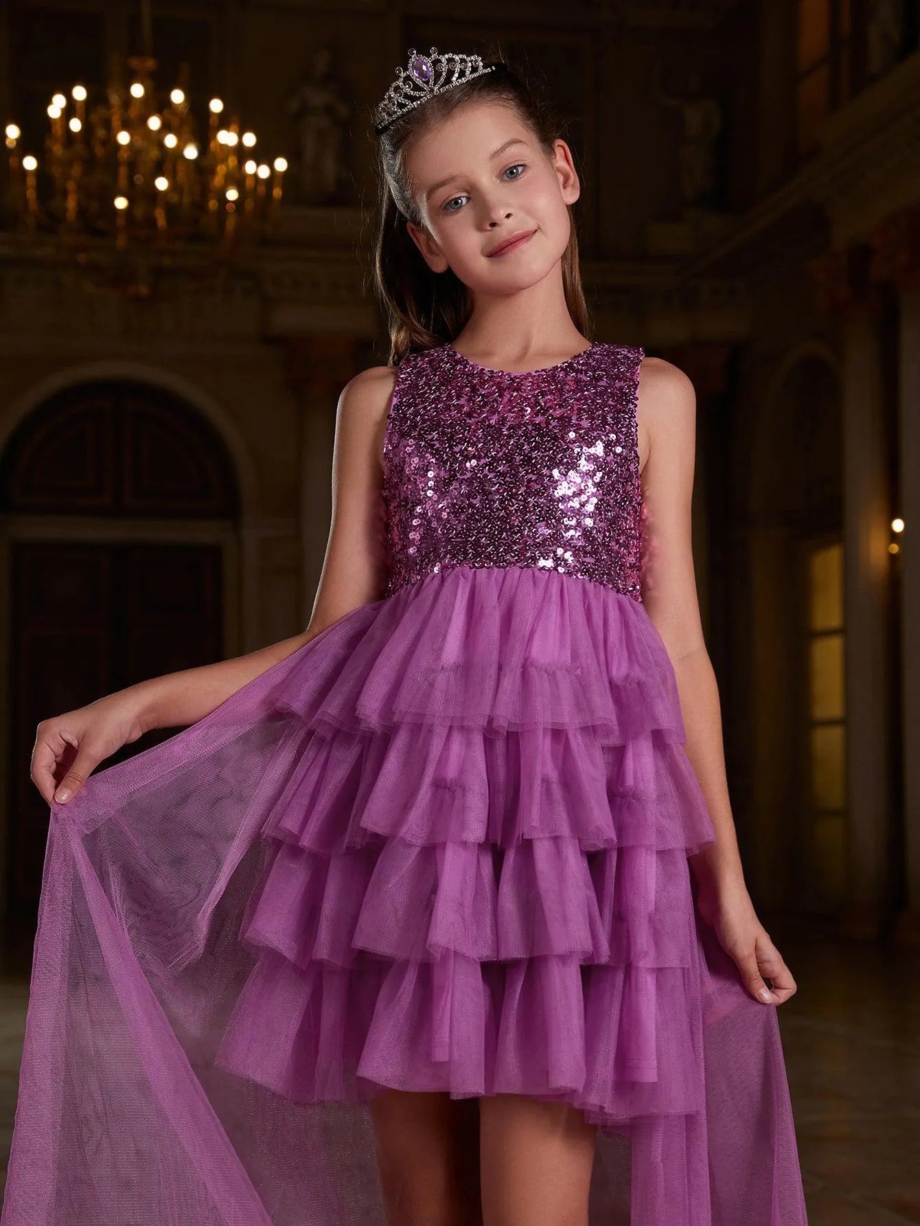 Tween Girls' Mesh Layered Hem Sequin Party Dress - Elonnashop