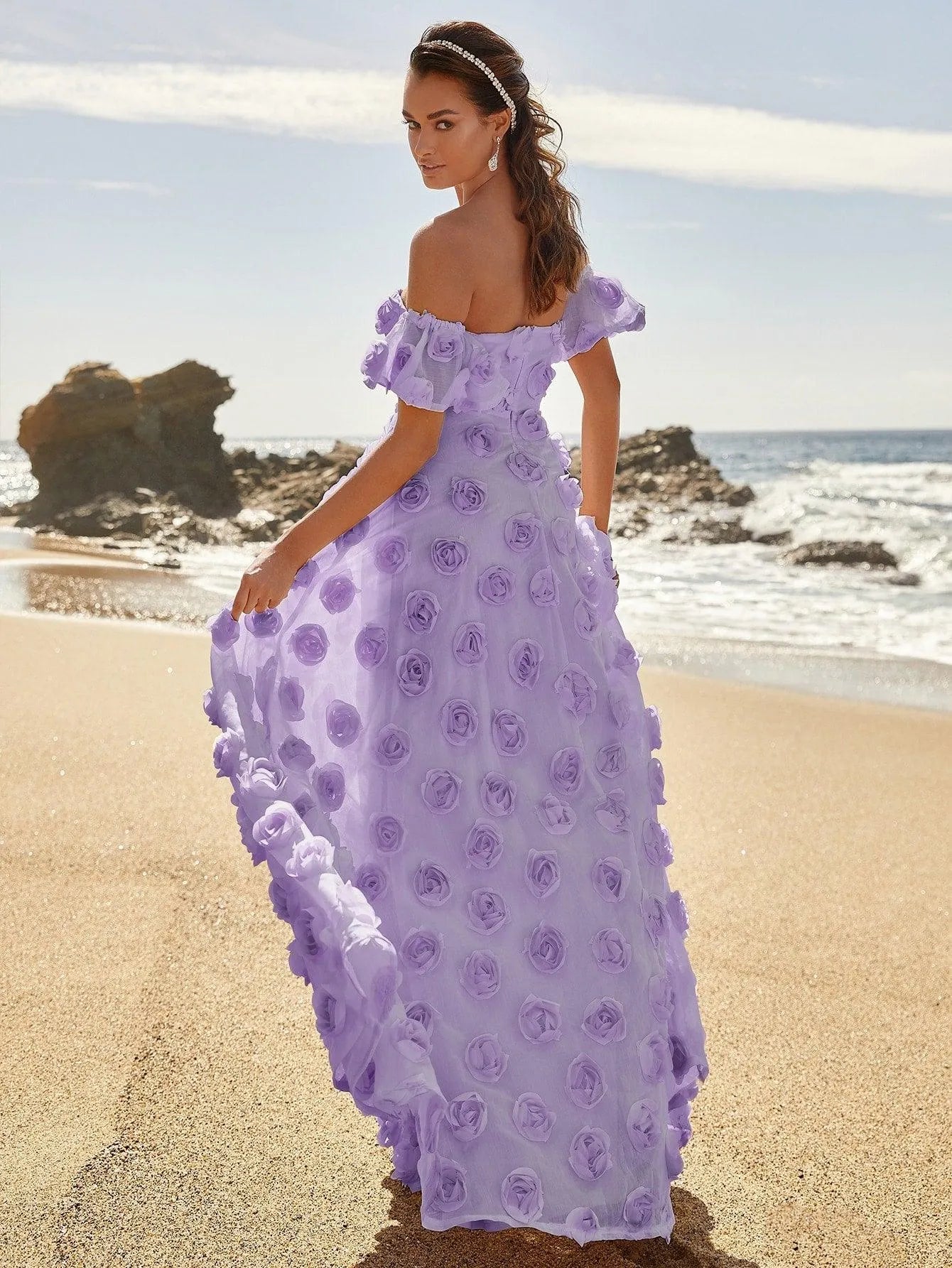 Elegant Off Shoulder 3D Flower Maxi Dresses - Elonnashop