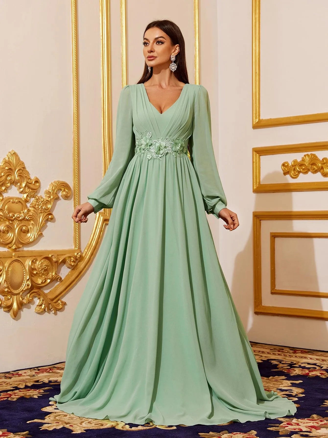 Floral Applique Lantern Sleeve Chiffon Formal Dress – Elonnashop Floral Applique Lantern Sleeve Chiffon Formal Dress – Elonnashop