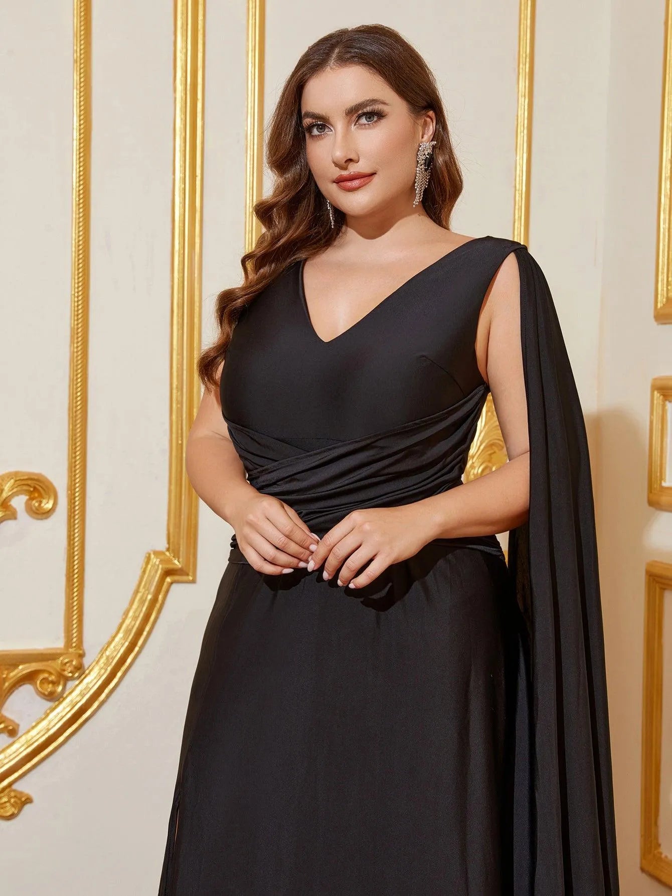 plus black satin plunge ruched front dress Halterneck Plunge Front Contrast Lace Panel Maxi Dress In Black Satin | EGO US