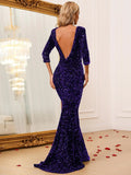 Elegant Round Neck 3/4 Sleeves Sequin Mermaid Dresses - Elonnashop