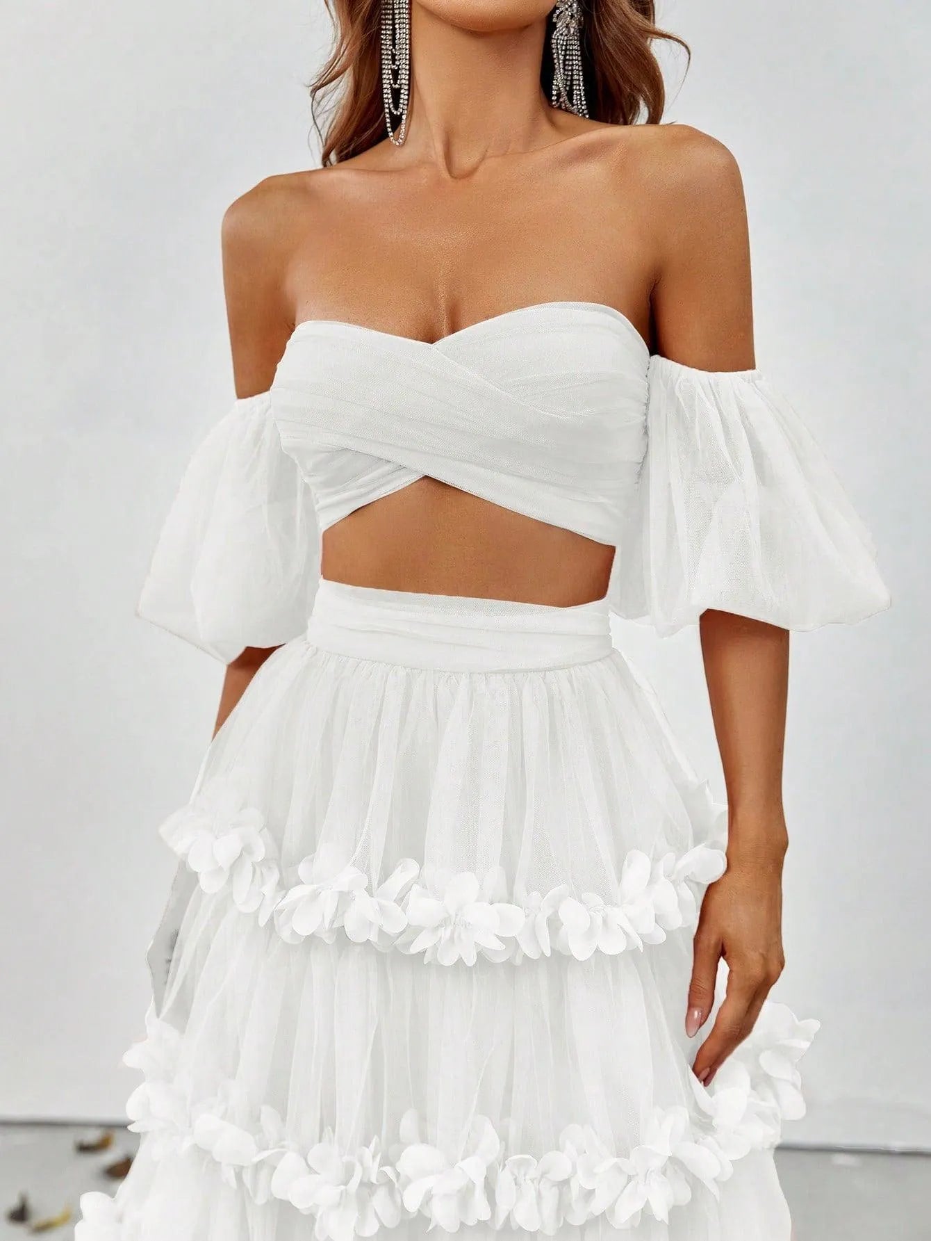 Off Shoulder Puff Sleeve Crop Top & Frill Trim Mesh Skirt - Elonnashop