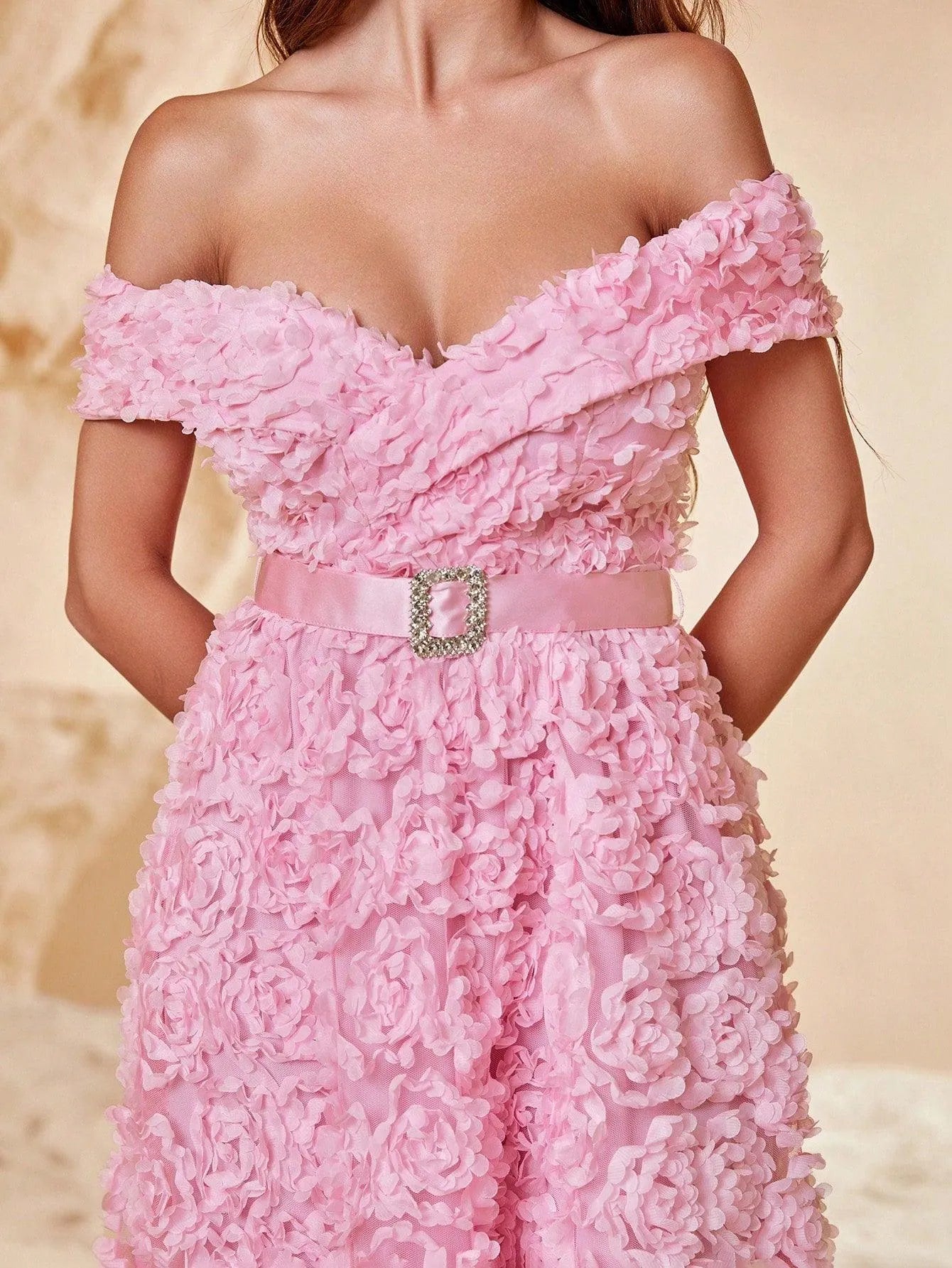 Off Shoulder Rhinestone Detail Belted 3D Flower A-Line Dresses - Elonnashop