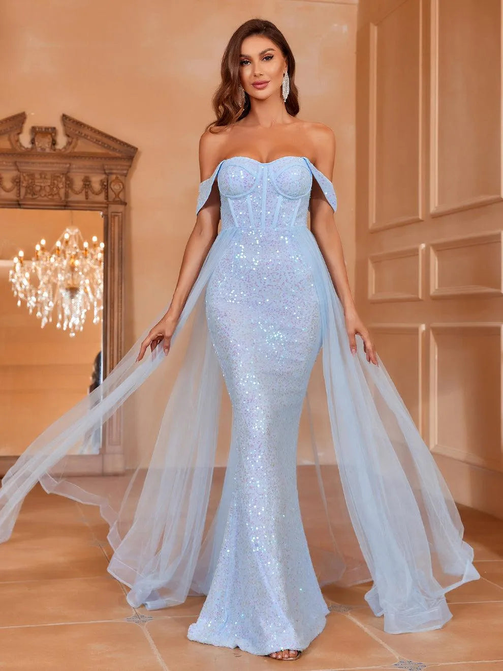 Off Shoulder Mesh Overlay Sequin Mermaid Dress - Elonnashop