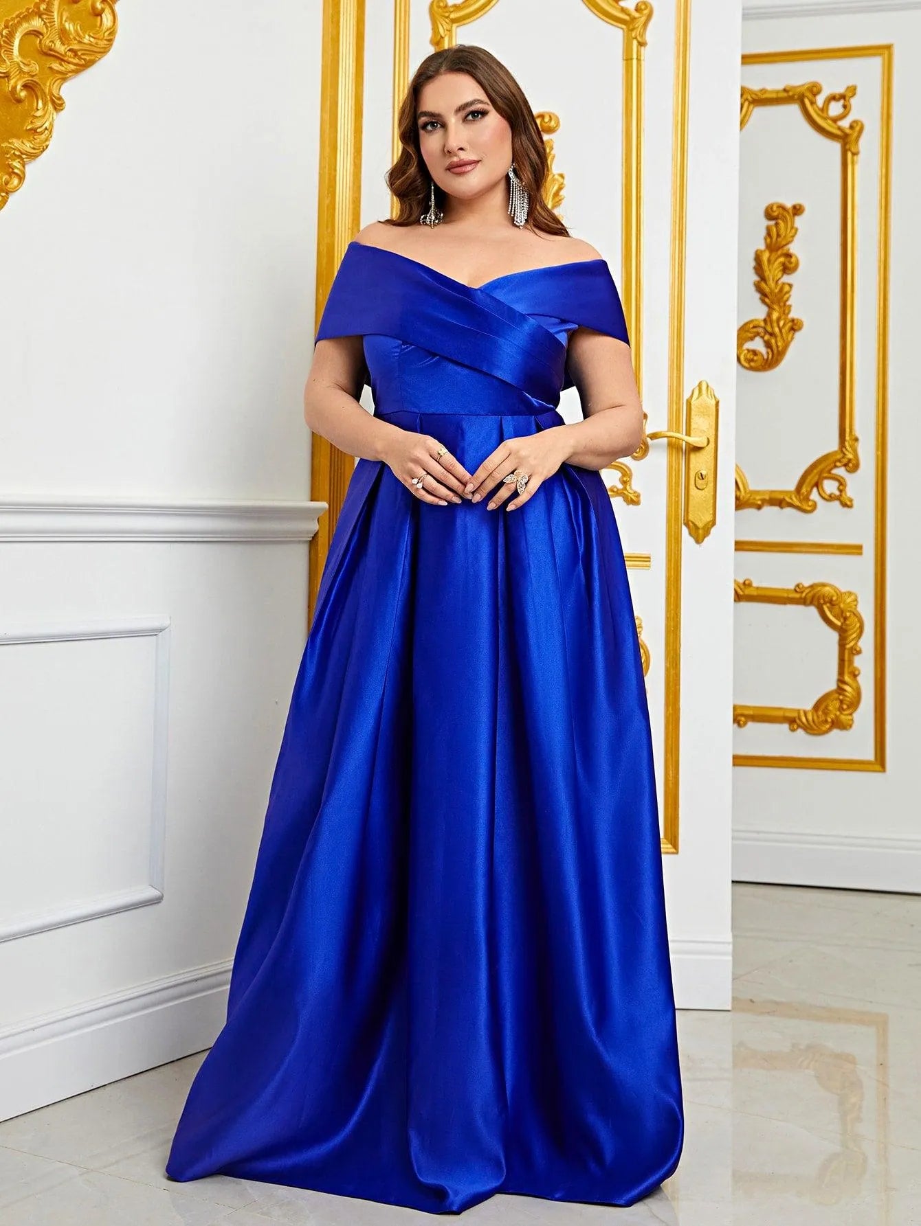 Plus Elegant Off Shoulder Satin A Line Prom Dress - Elonnashop