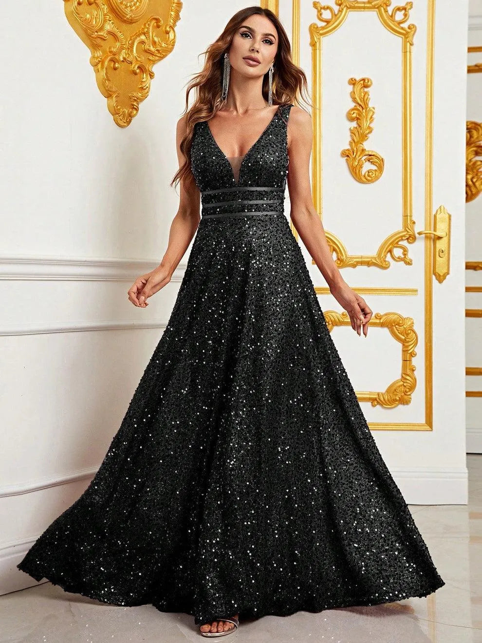Elegant Deep V Neck Sequin A Line Prom Dresses Elonnashop Elegant Deep V Neck Sequin A Line Prom Dresses Elonnashop