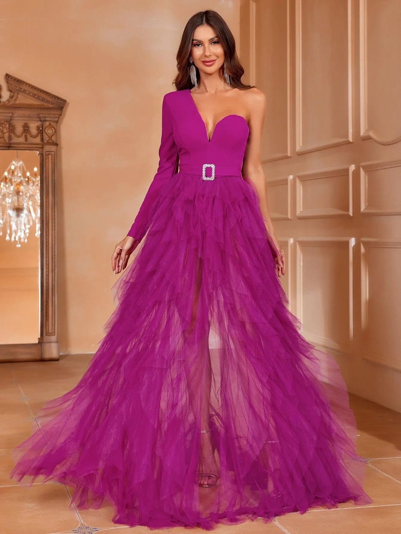 tulle asymmetric dress Women's Flora A-line Asymmetric Sleeved Tulle Floor Length Dress S/M/L/Customize Peach /Peony Pink MEAN BLVD Peony Pink / Customize