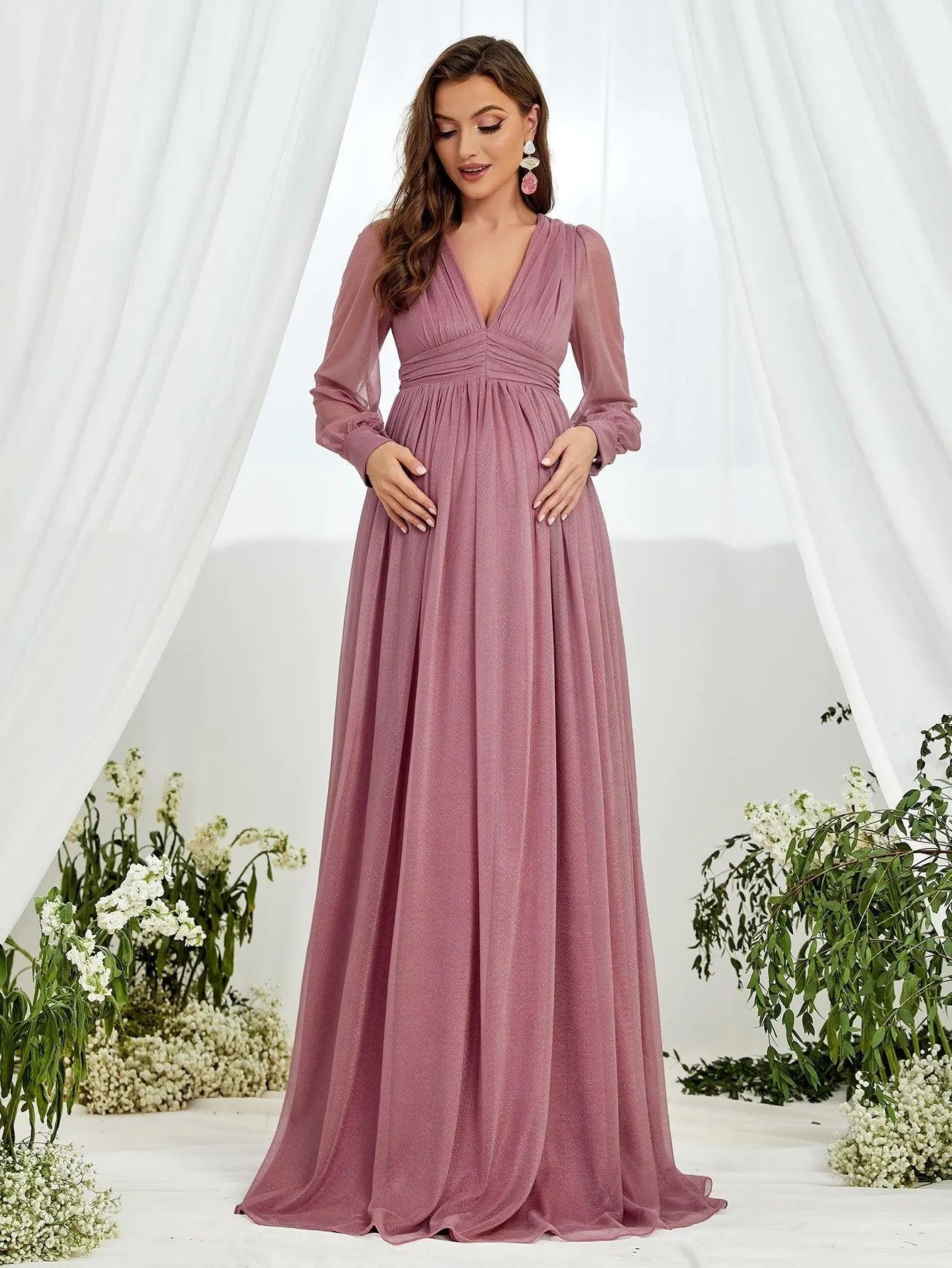 Maternity V Neck Lantern Sleeve A Line Dress Mauve / M Maternity V Neck Lantern Sleeve A Line Dress Mauve / M
