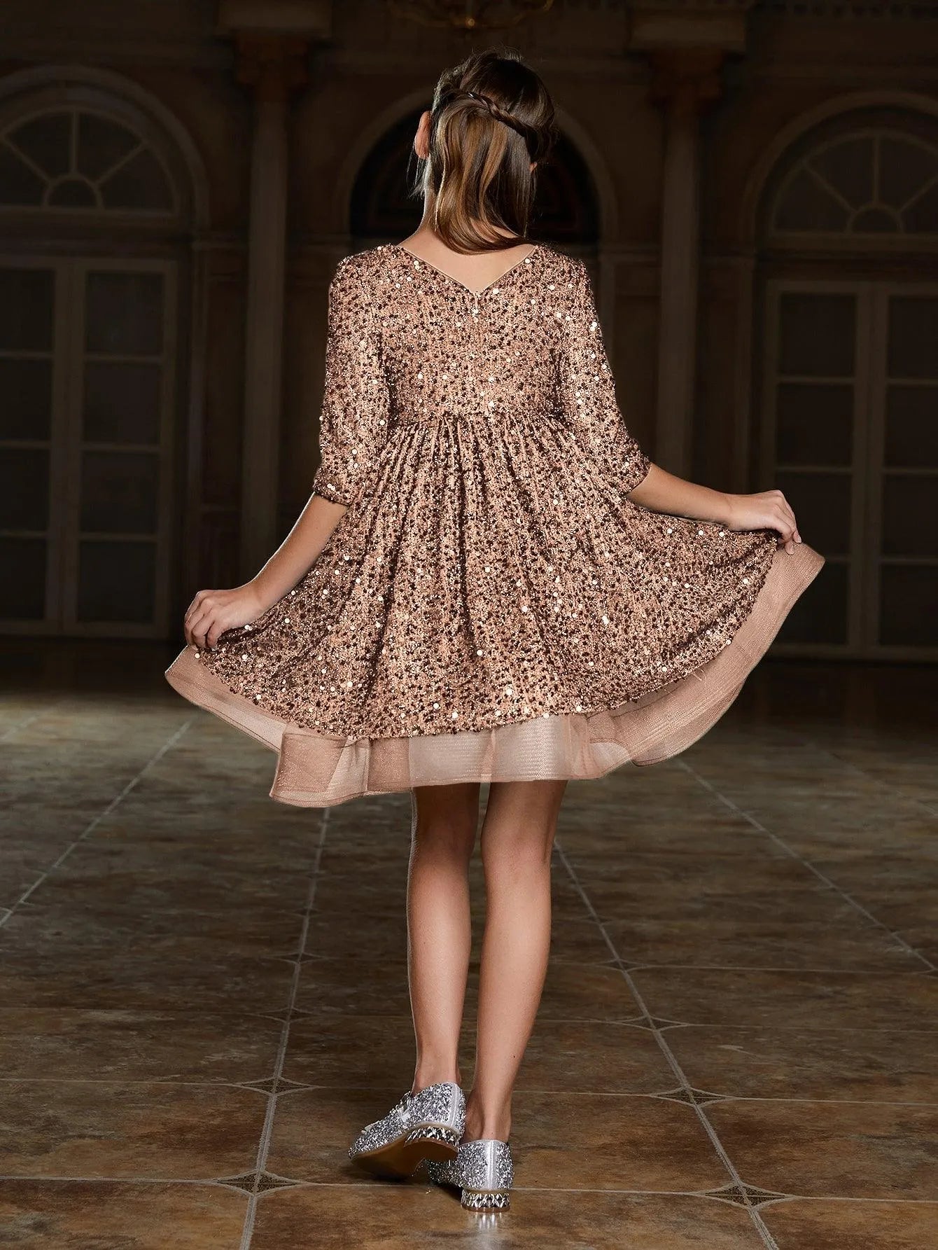 Tween Girls' Bow Detail 3/4 Sleeve Sequin Party Dress - Elonnashop