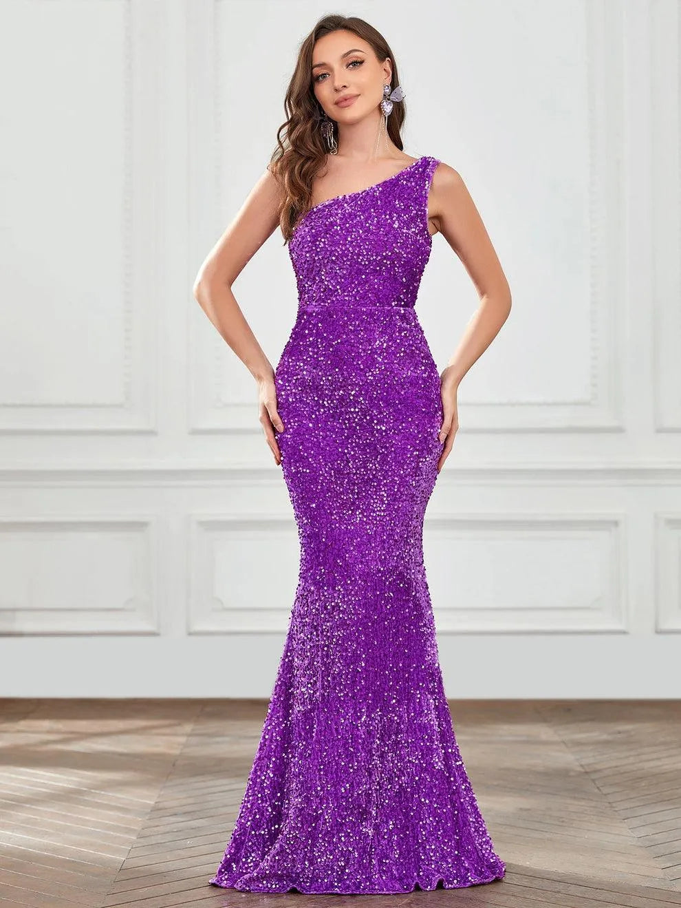 One Shoulder Satin Overlay Sequin Mermaid Dresses - Elonnashop