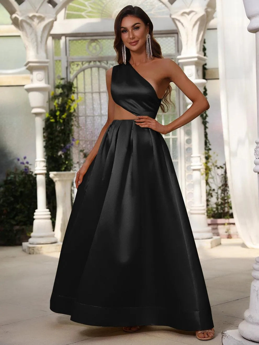 One Shoulder Cut Out Waist Satin Prom Dress - Elonnashop