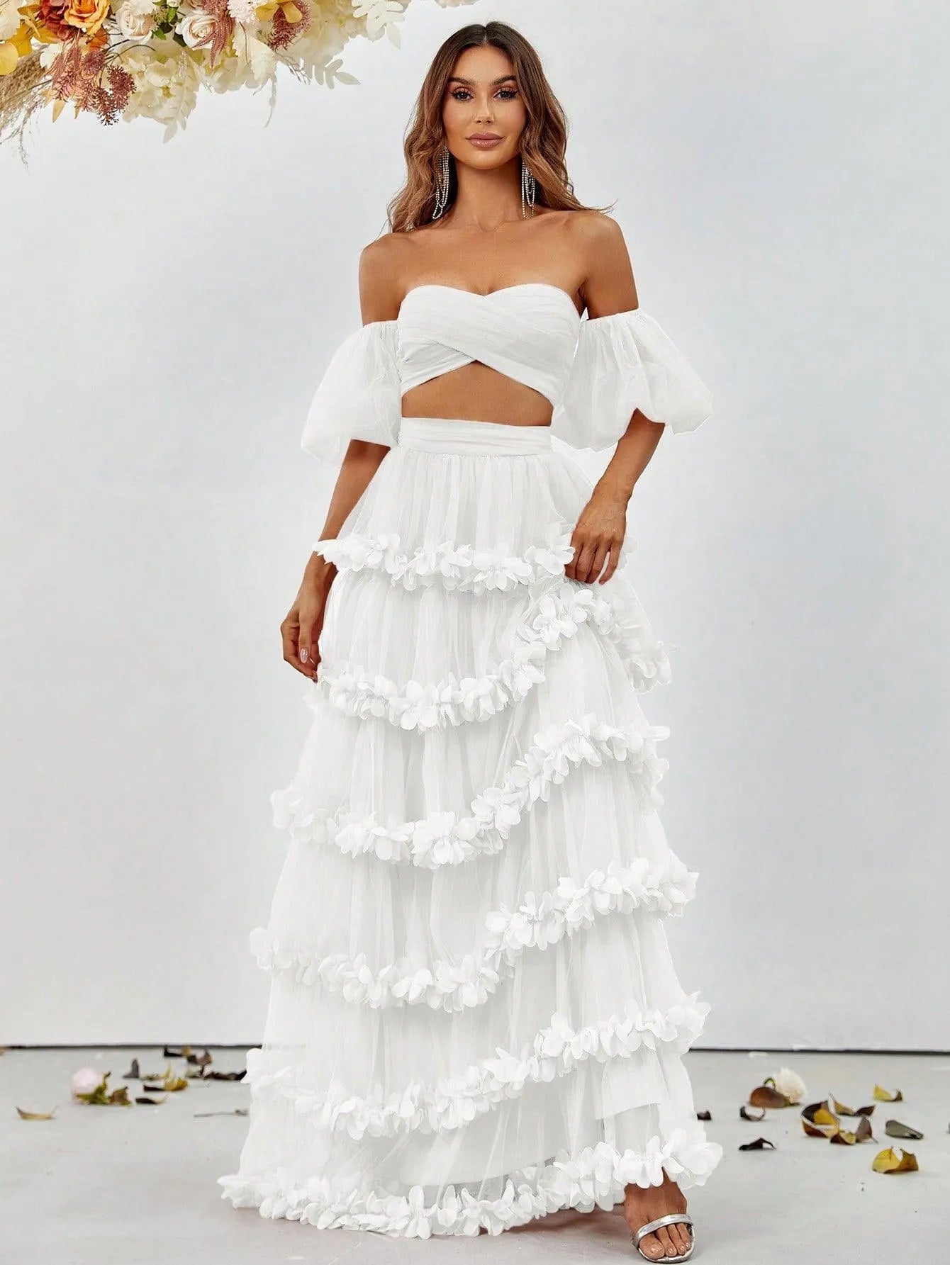 Off Shoulder Puff Sleeve Crop Top & Frill Trim Mesh Skirt - Elonnashop