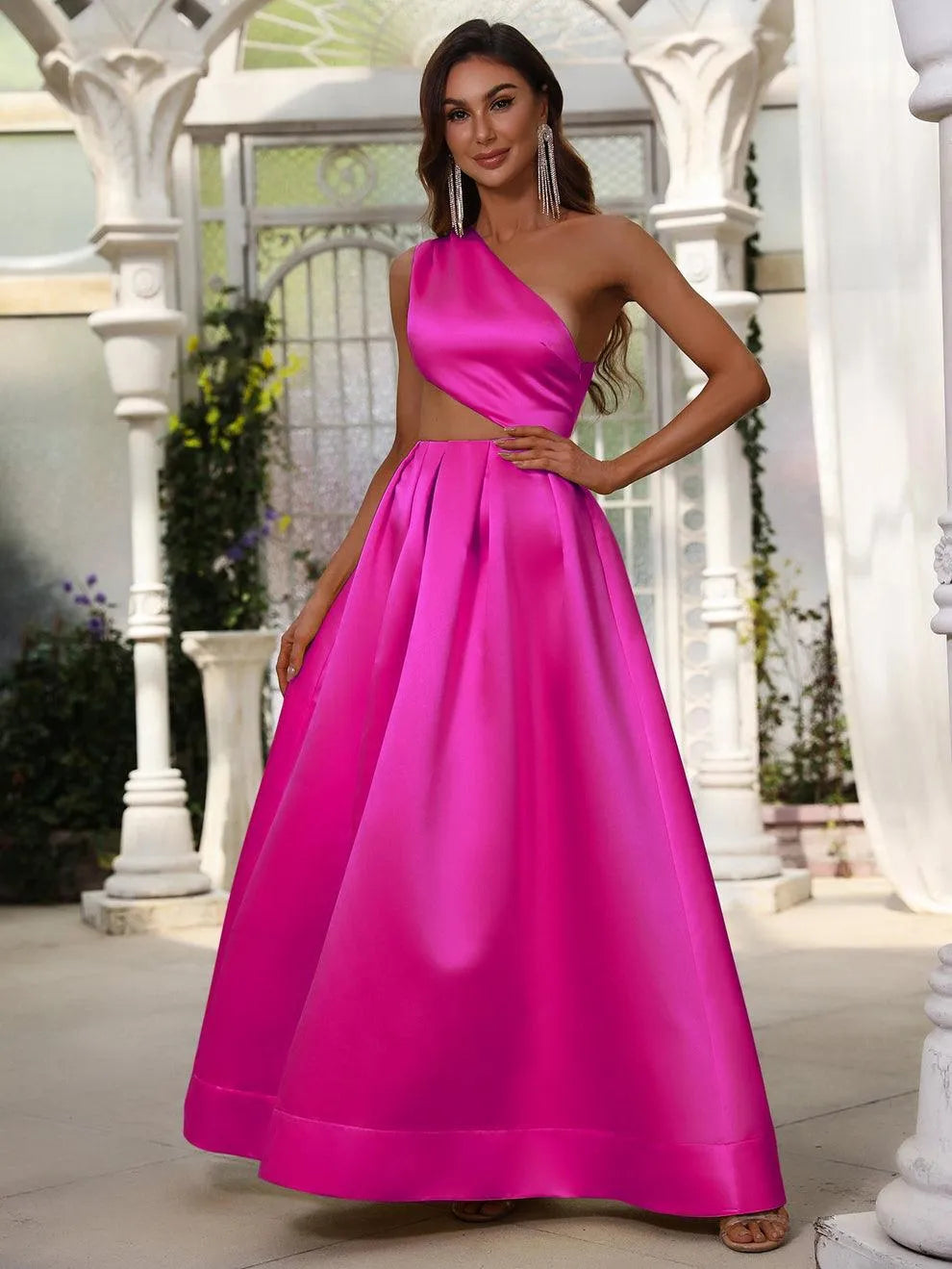 One Shoulder Cut Out Waist Satin Prom Dress - Elonnashop