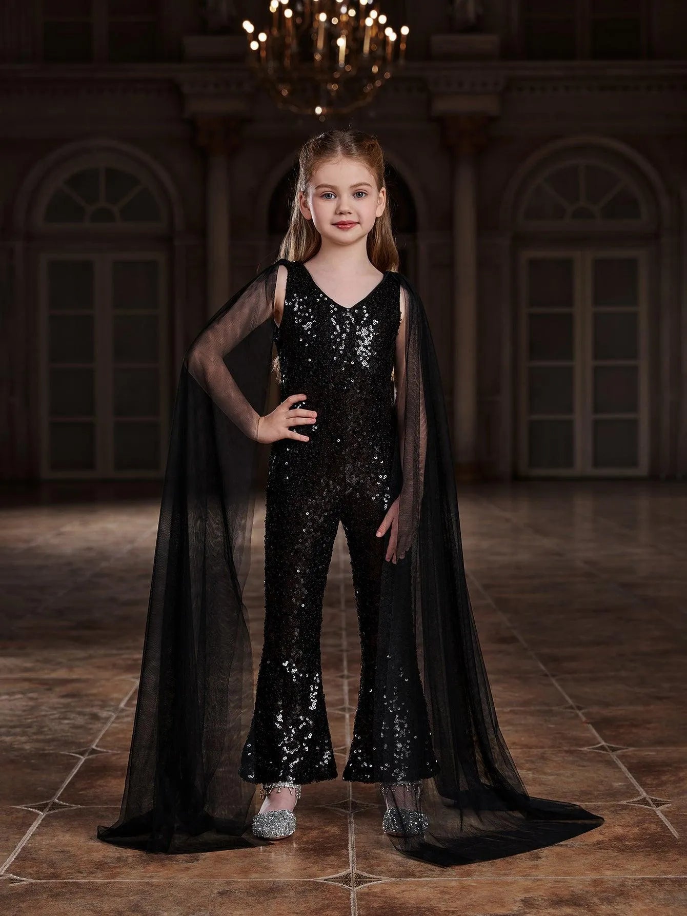 Tween Girls' V Neck Mesh Cloak Sleeve Sequin Jumpsuit - Elonnashop