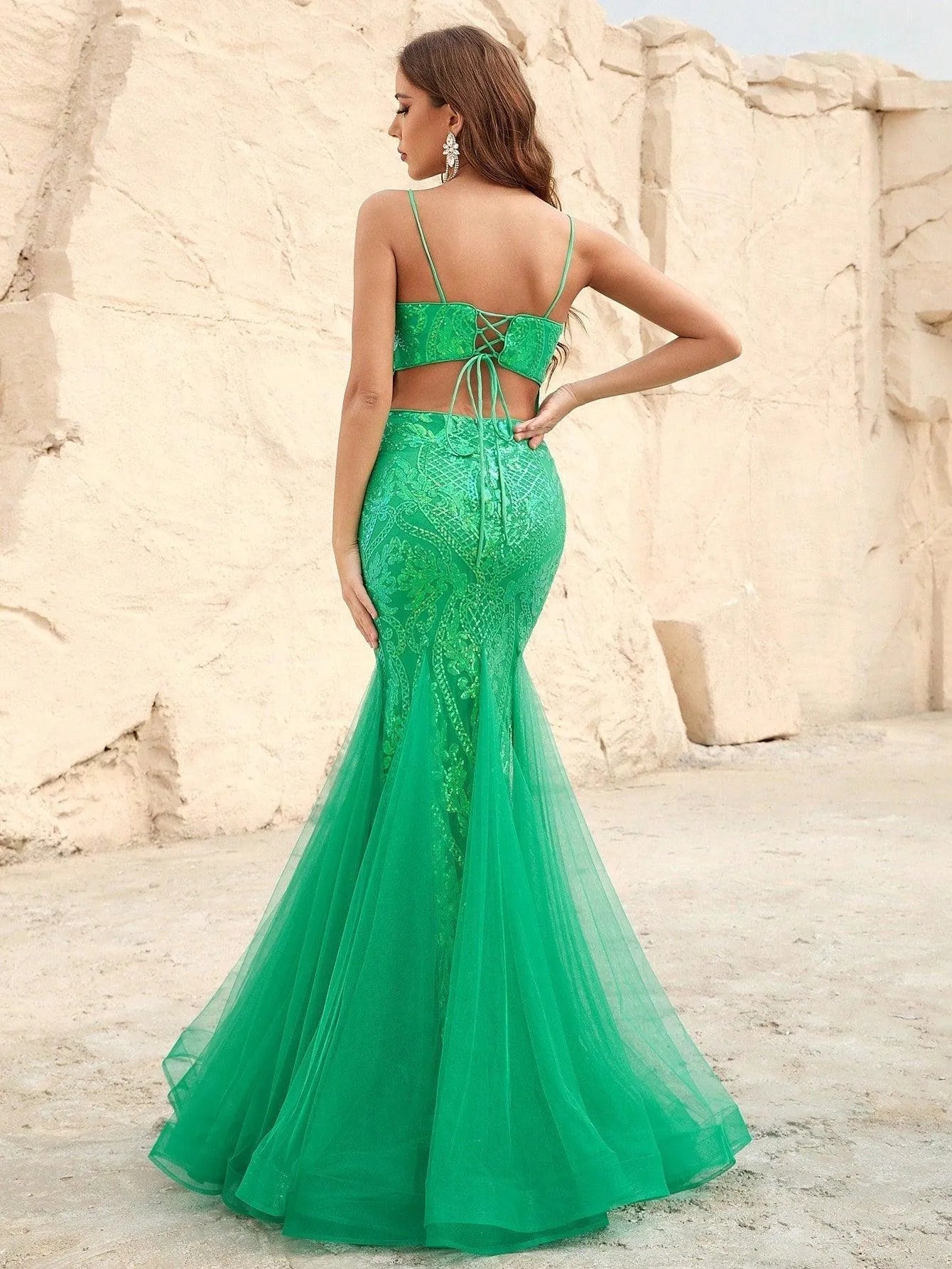 Elegant Spaghetti Strap Mesh Insert Sequin Mermaid Dress - Elonnashop