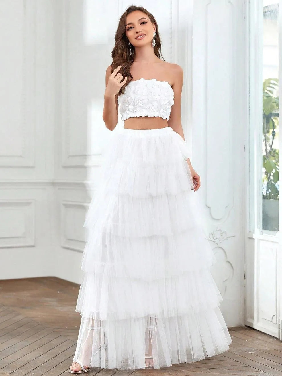 Ruffled Tulle Skirt and Rosette Crop Top Set - Elonnashop