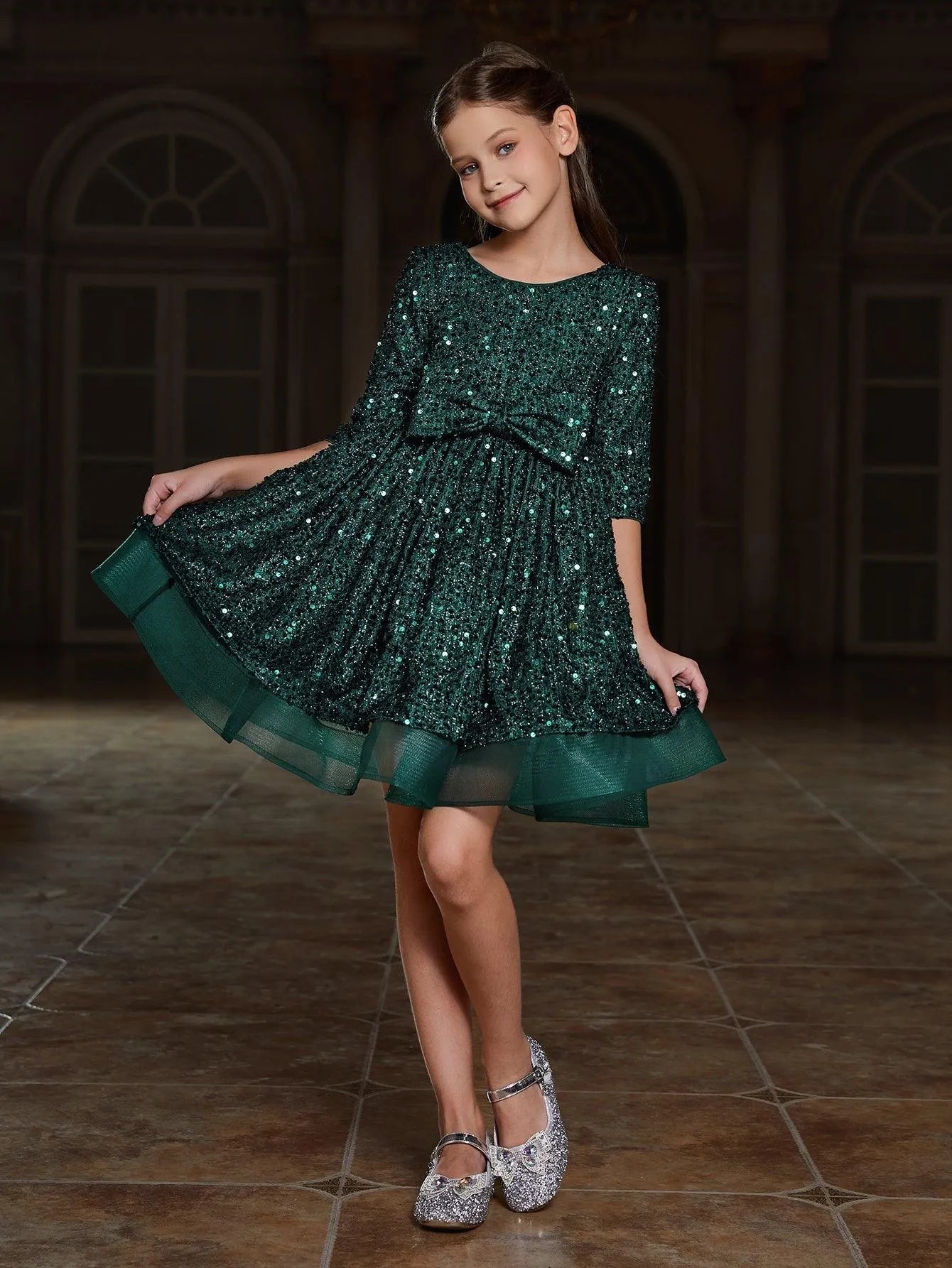 Tween Girls' Bow Detail 3/4 Sleeve Sequin Party Dress - Elonnashop