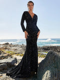 Elegant V Neck Long Sleeve Sequin Prom Dresses - Elonnashop