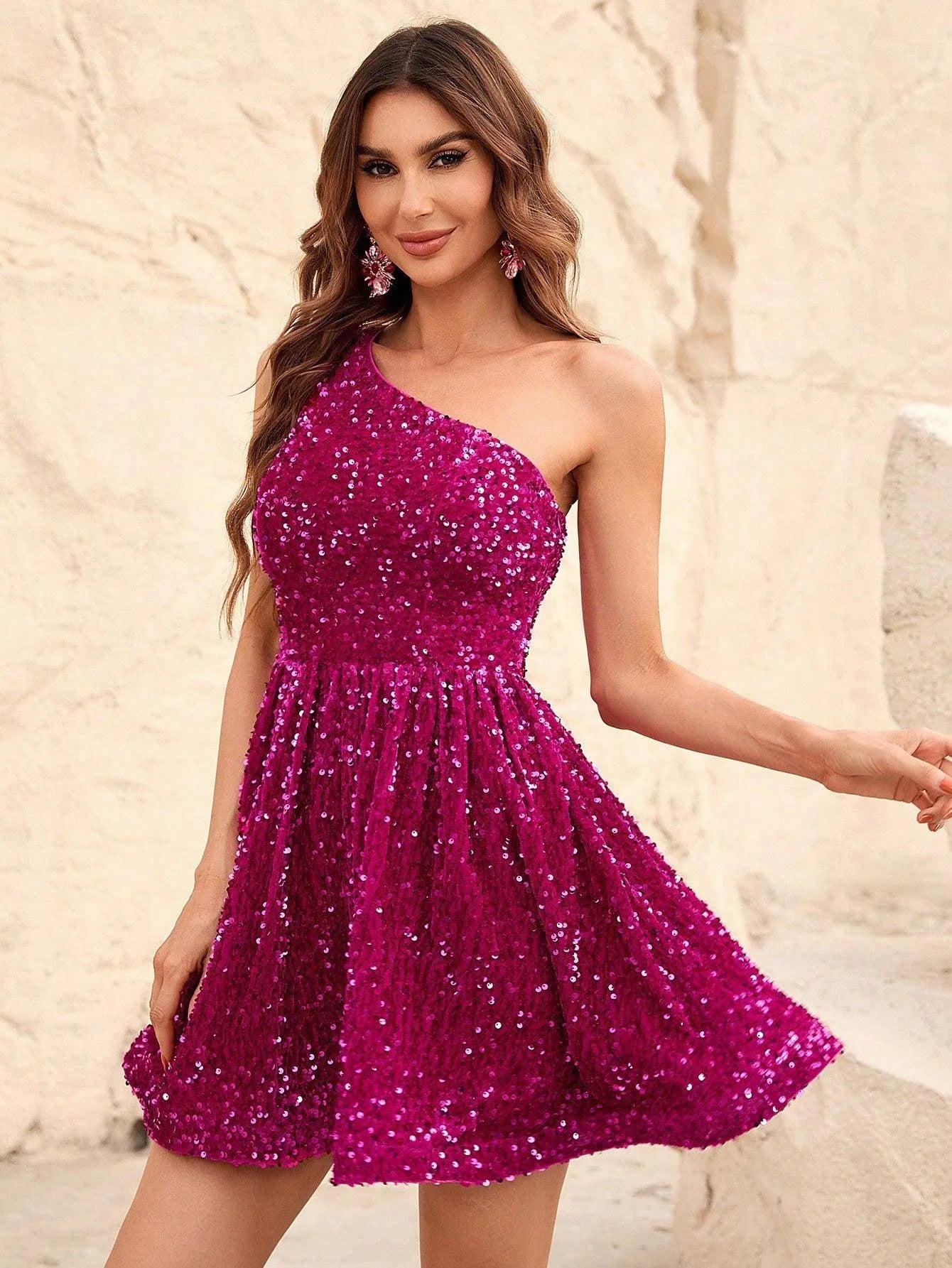 One Shoulder Sleeveless Sequin A Line Dresses - Elonnashop