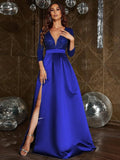 Elegant V Neck 3/4 Sleeve Slit A Line Prom Dress - Elonnashop