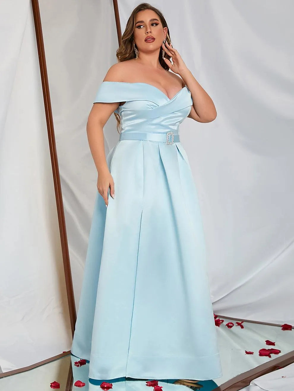 Plus Off Shoulder Buckle Belted Satin Ball Gown - Elonnashop