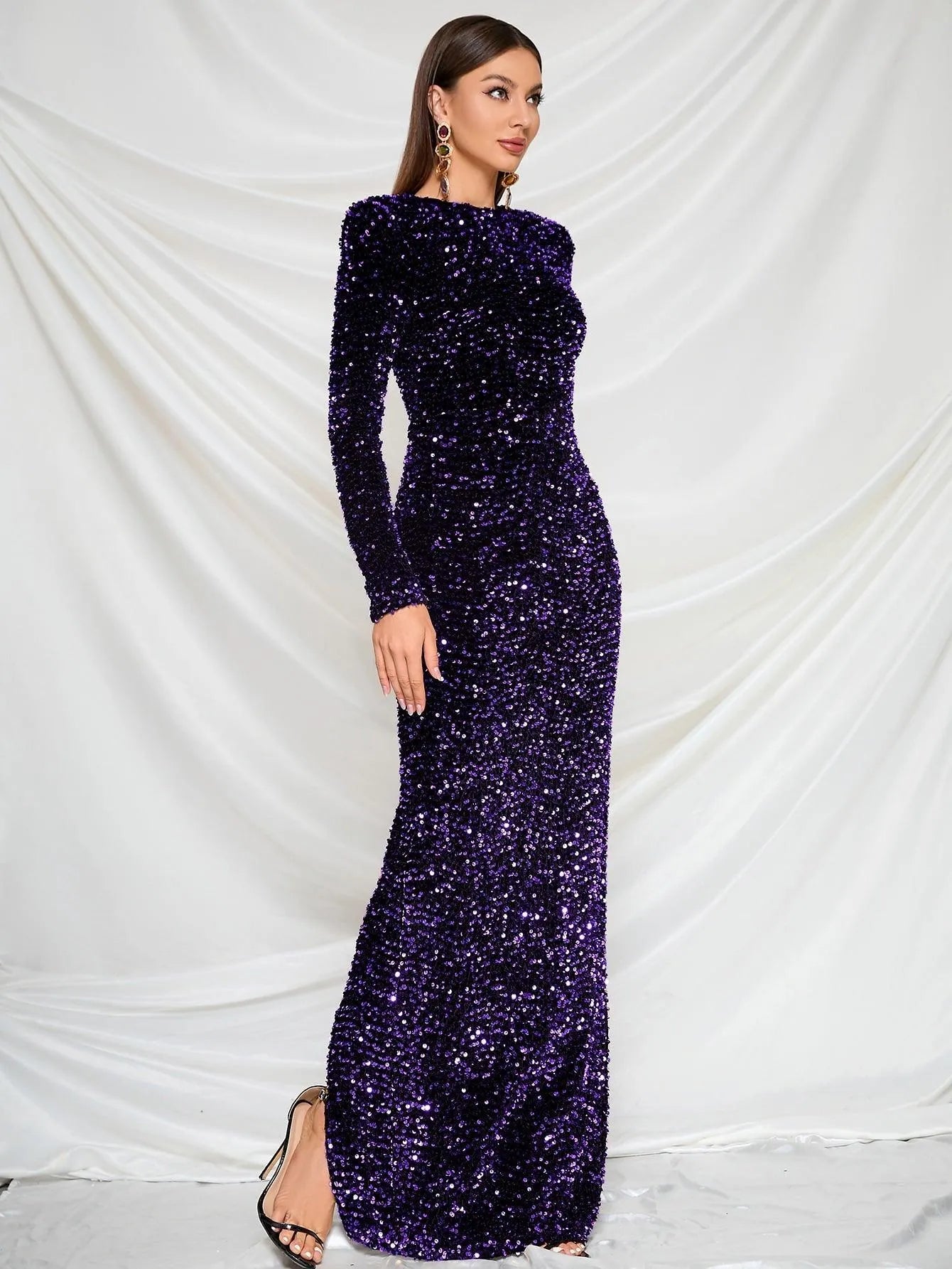 Mock Neck Long Sleeve Split Hem Sequin Dress - Elonnashop