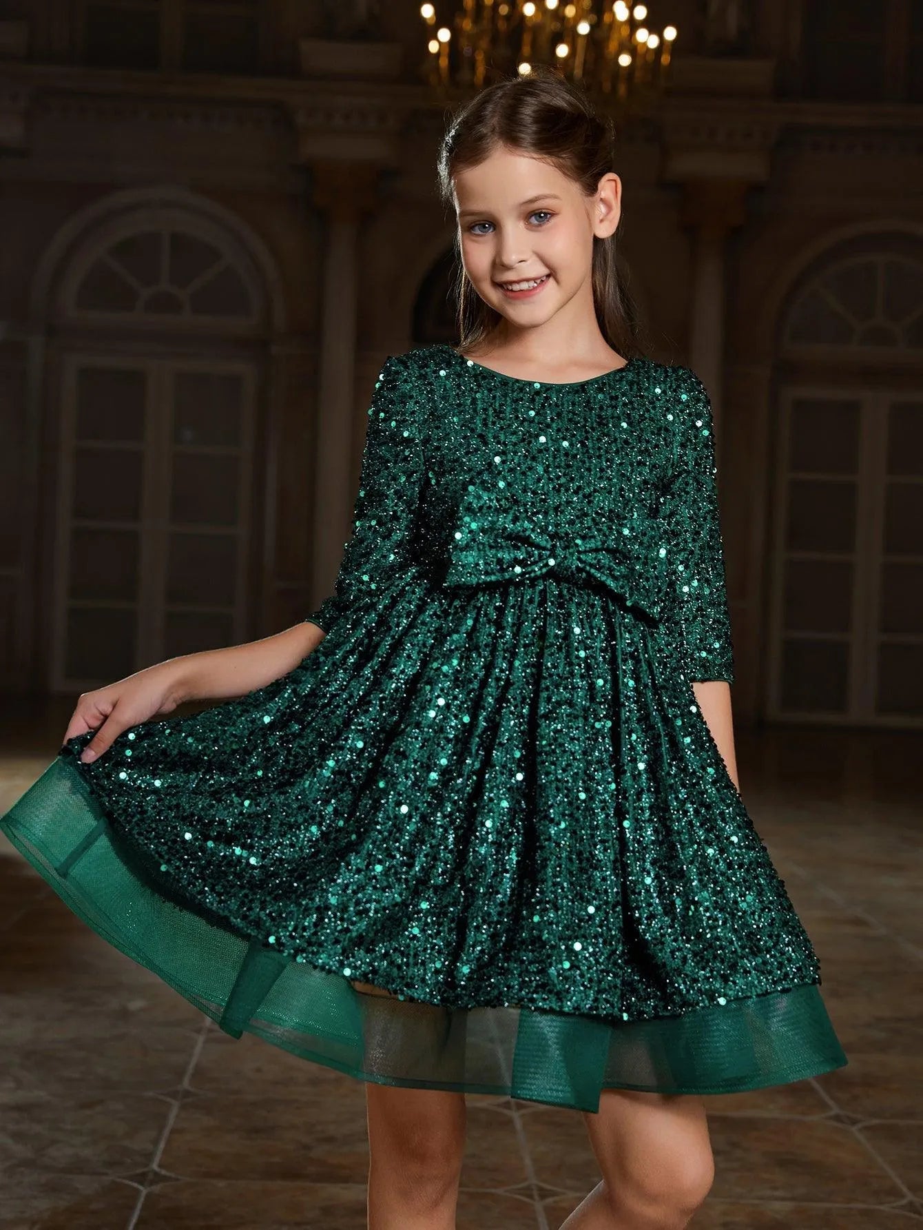 Tween Girls' Bow Detail 3/4 Sleeve Sequin Party Dress - Elonnashop