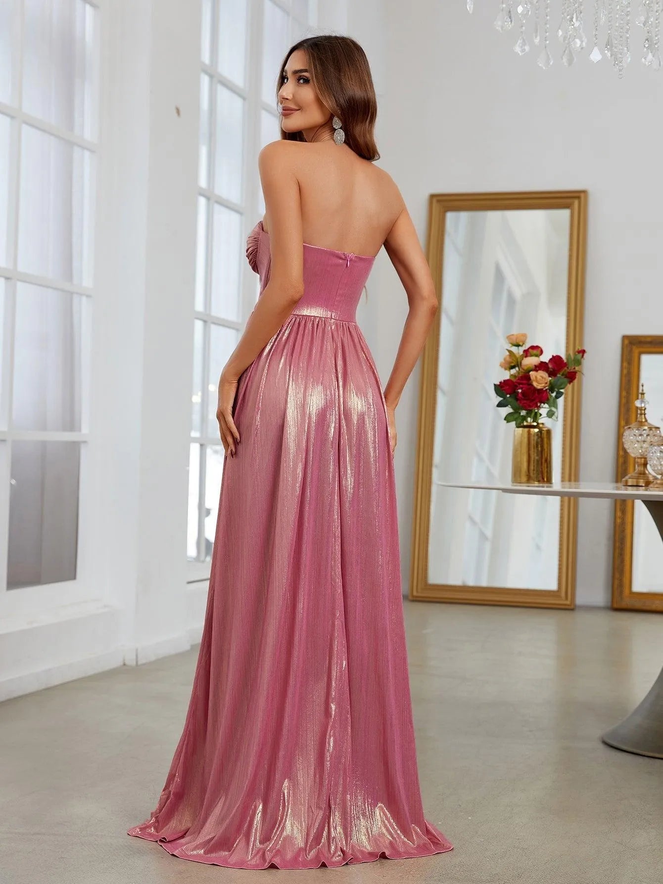 Elegant Metallic Strapless Evening Dress - Elonnashop