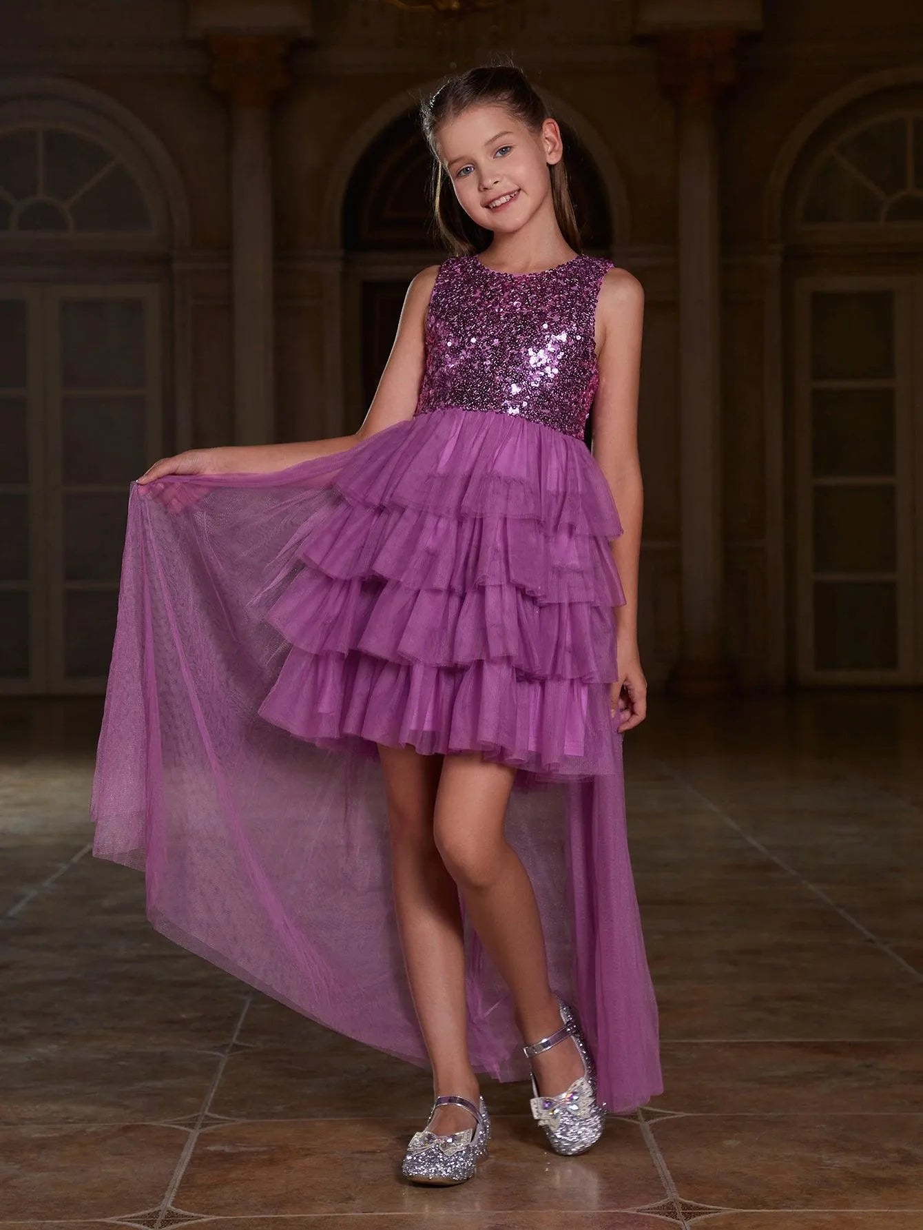 Tween Girls' Mesh Layered Hem Sequin Party Dress - Elonnashop