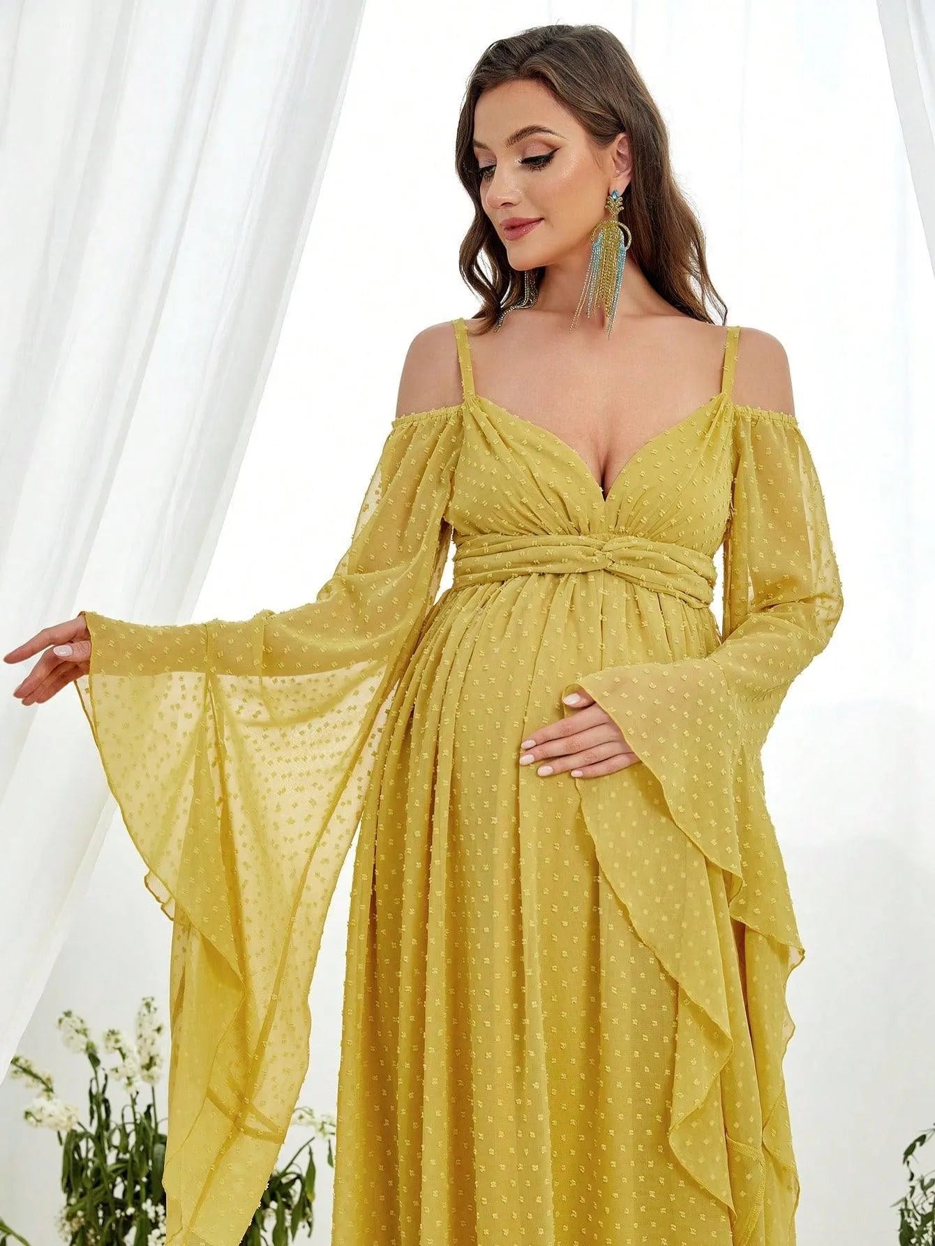 Maternity Swiss Dot Cold Shoulder Flounce Sleeve Chiffon Dress - Elonnashop