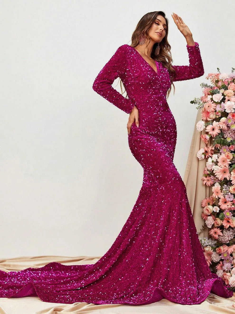 Elegant V Neck Long Sleeve Sequin Prom Dresses - Elonnashop