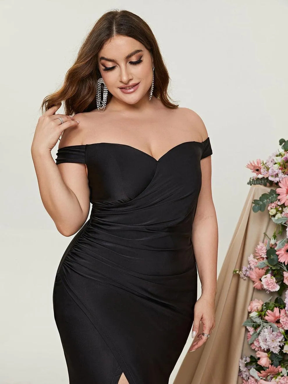 Plus Off Shoulder Ruched Wrap Hem Formal Dress - Elonnashop