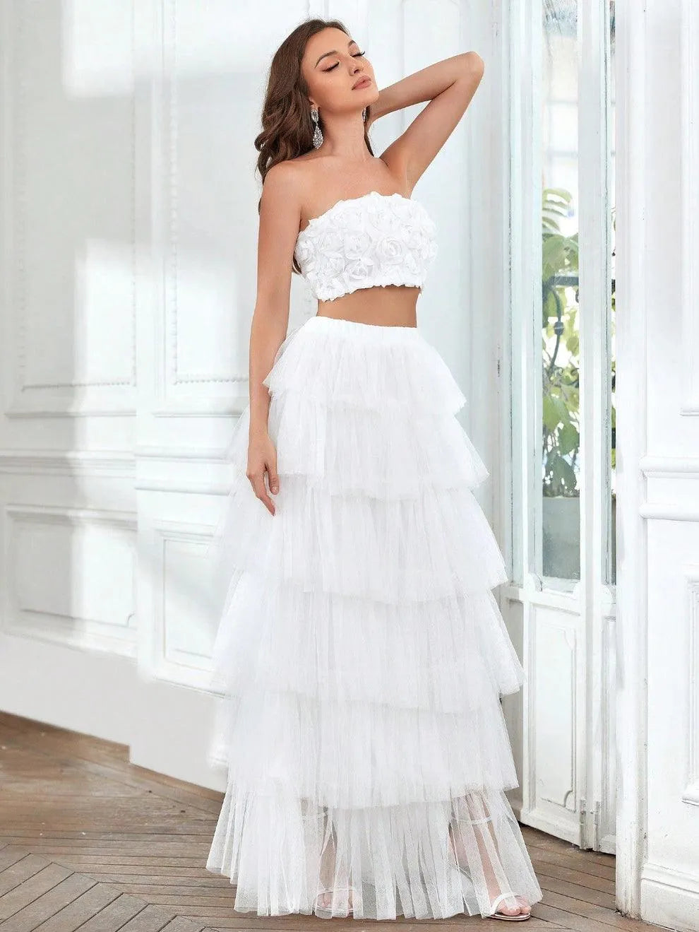 Ruffled Tulle Skirt and Rosette Crop Top Set - Elonnashop