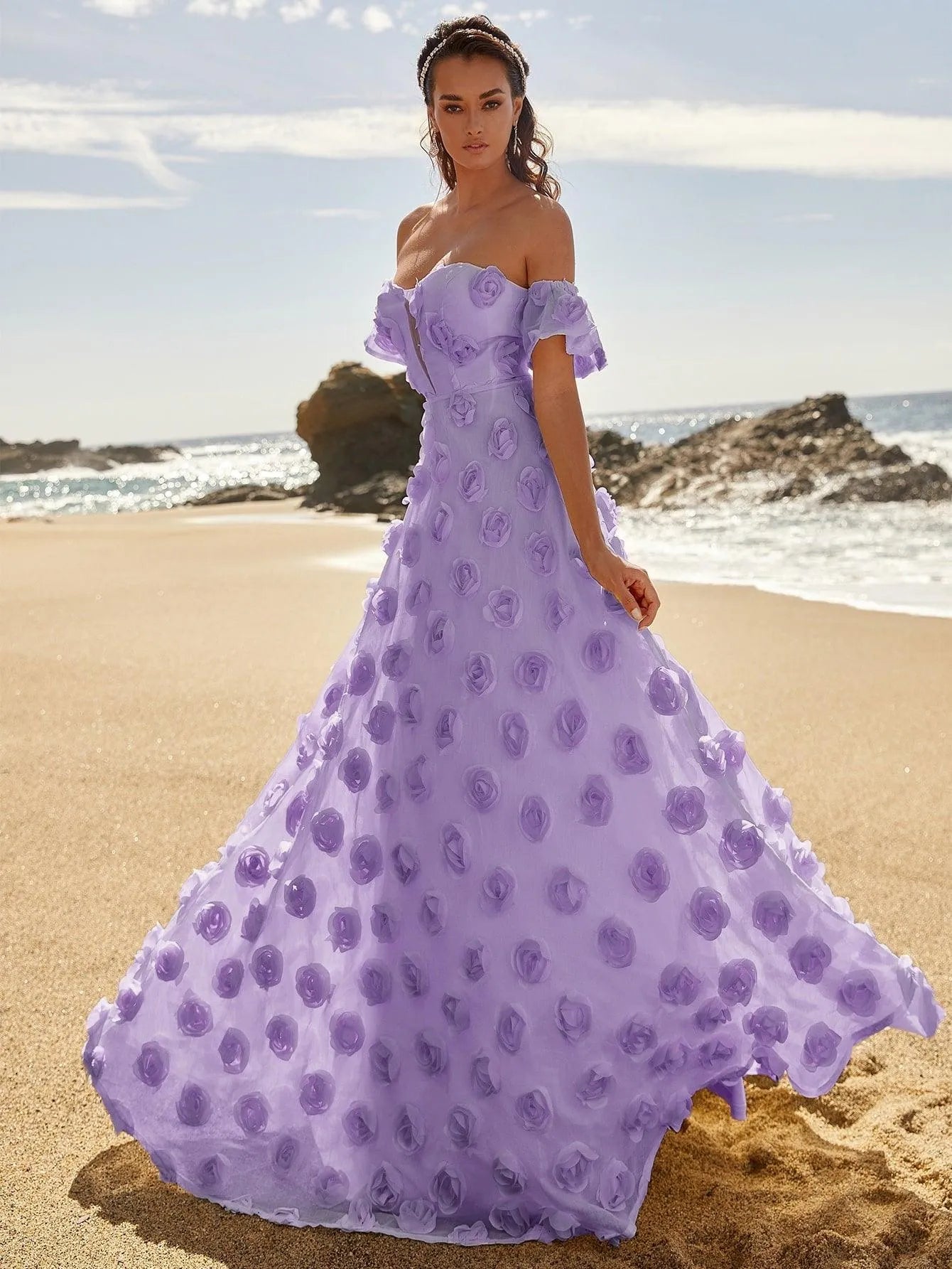 Elegant Off Shoulder 3D Flower Maxi Dresses - Elonnashop