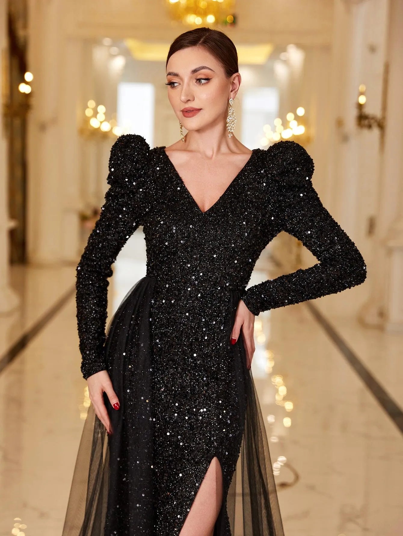 Gigot Sleeves Mermaid Hem Split Thigh Sequin Formal Dress - Elonnashop