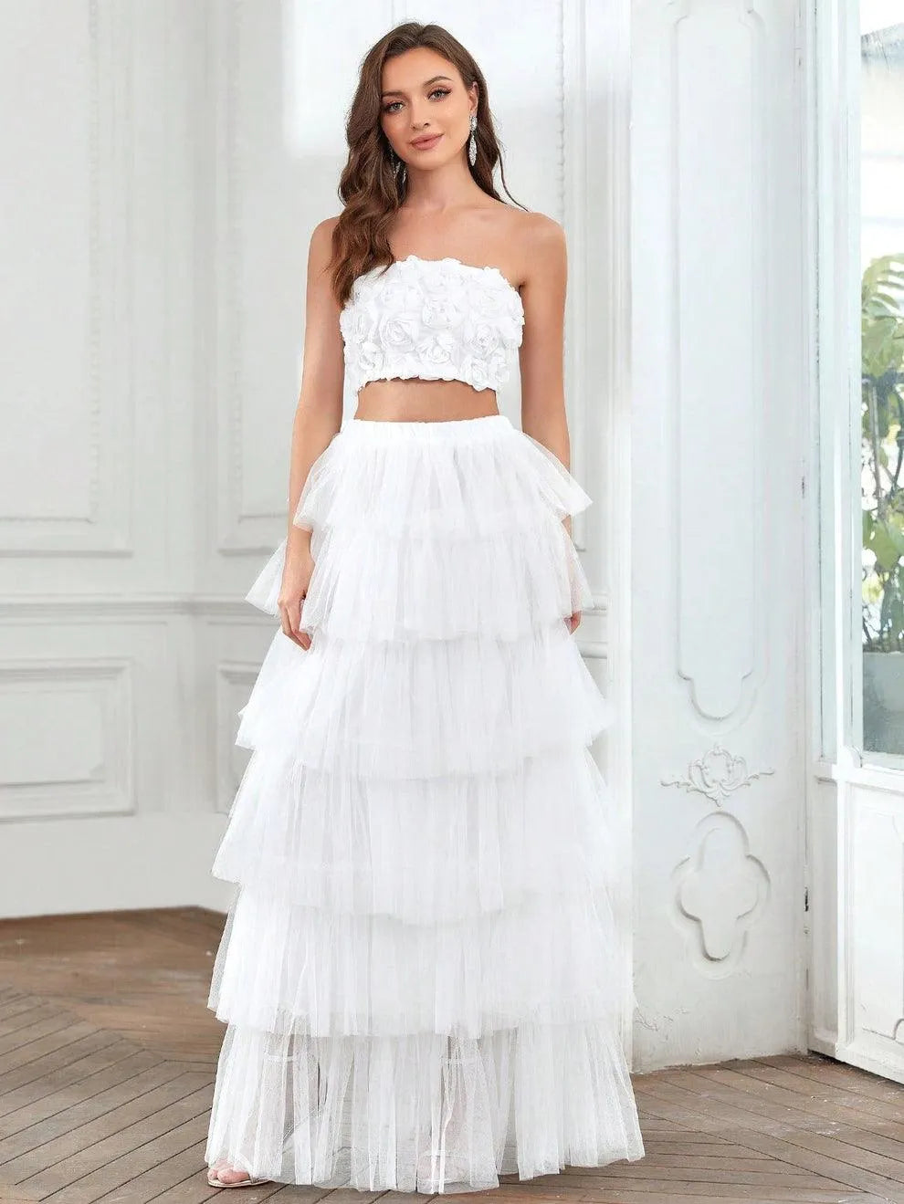 Ruffled Tulle Skirt and Rosette Crop Top Set - Elonnashop