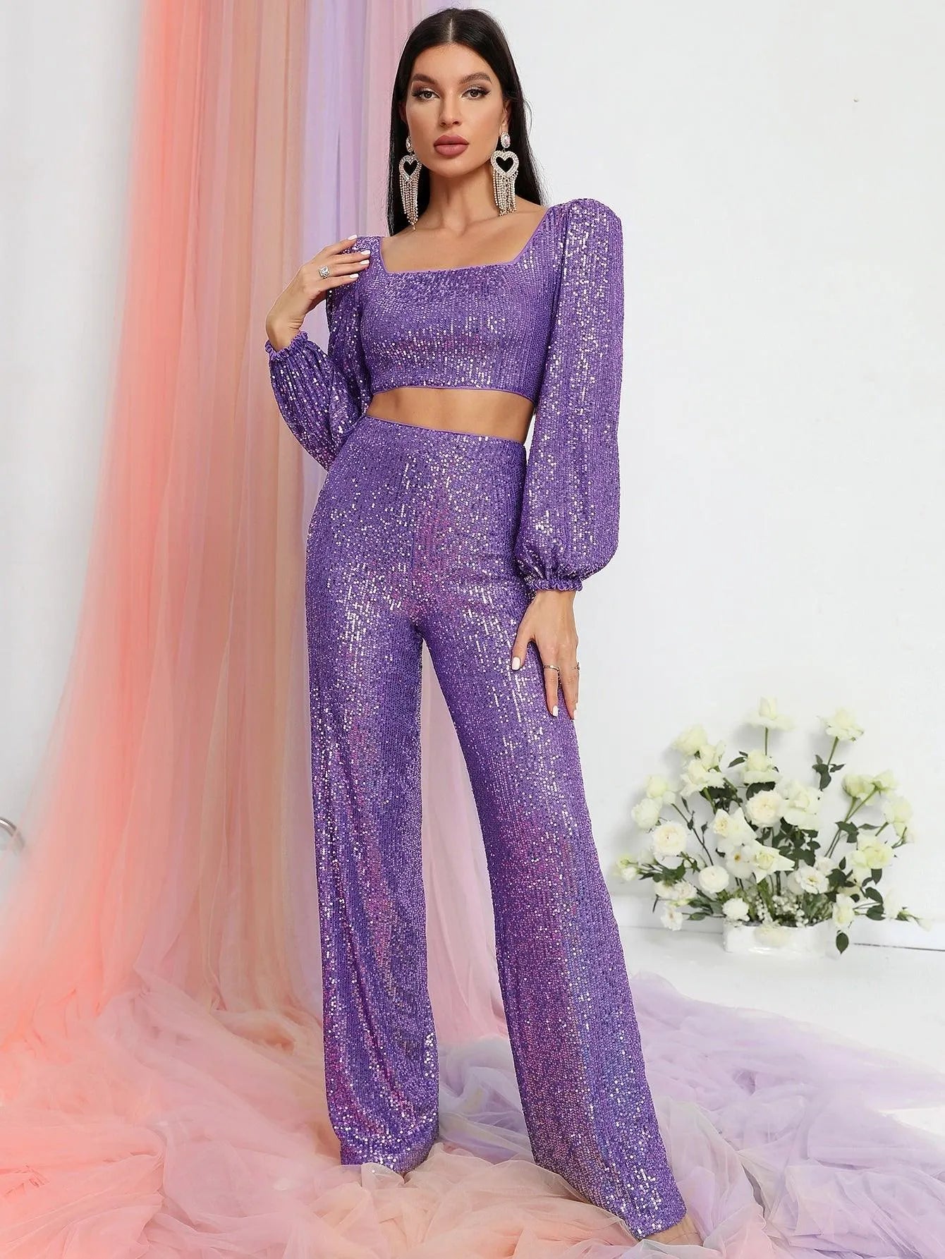 Square Neck Lantern Sleeve Sequin Top & Pants - Elonnashop