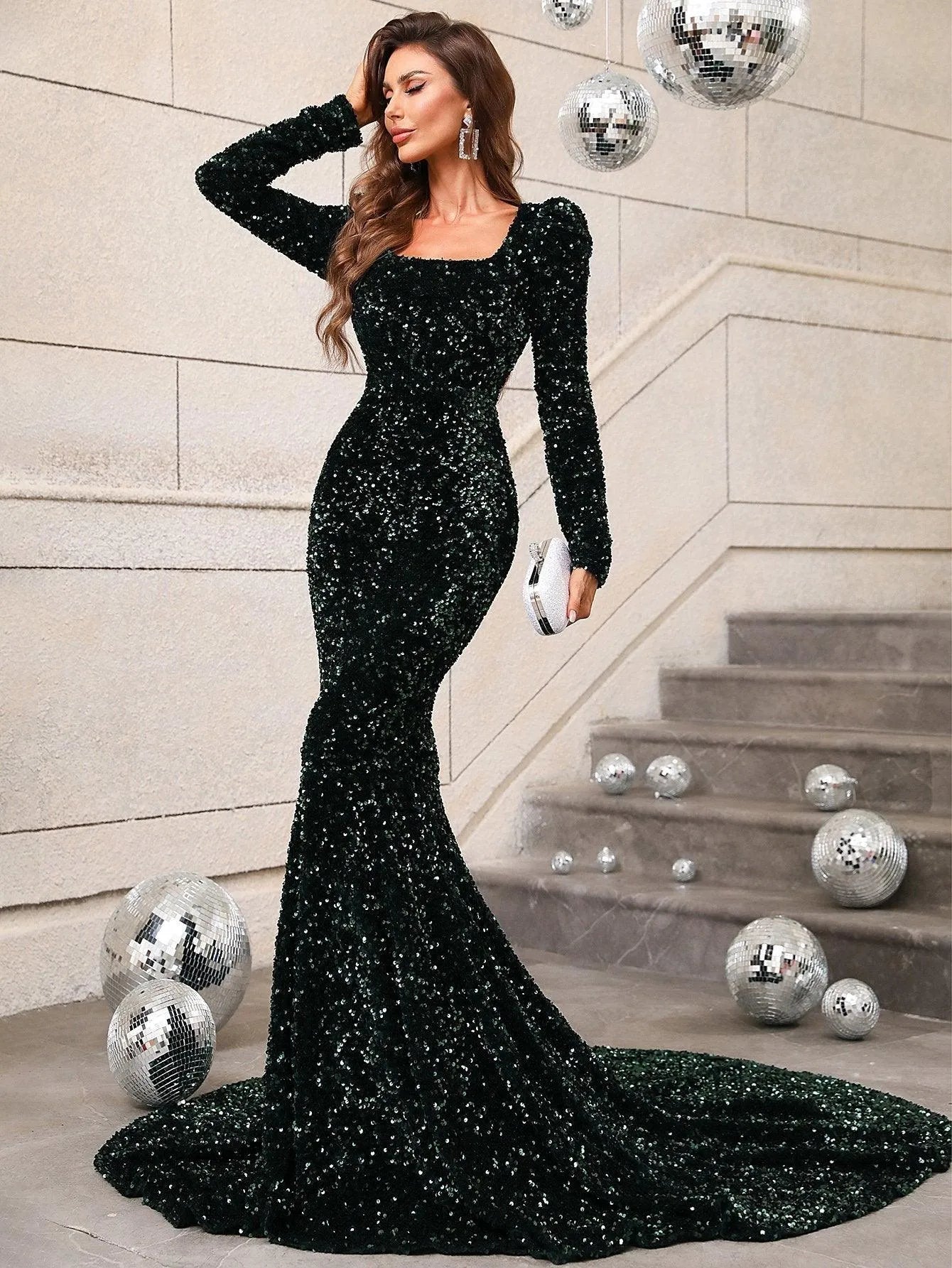 Elegant Square Neck Long Sleeve Sequin Mermaid Dresses - Elonnashop