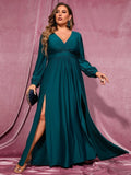 Plus Plunging Neck Lantern Sleeve High Slit Dress - Elonnashop