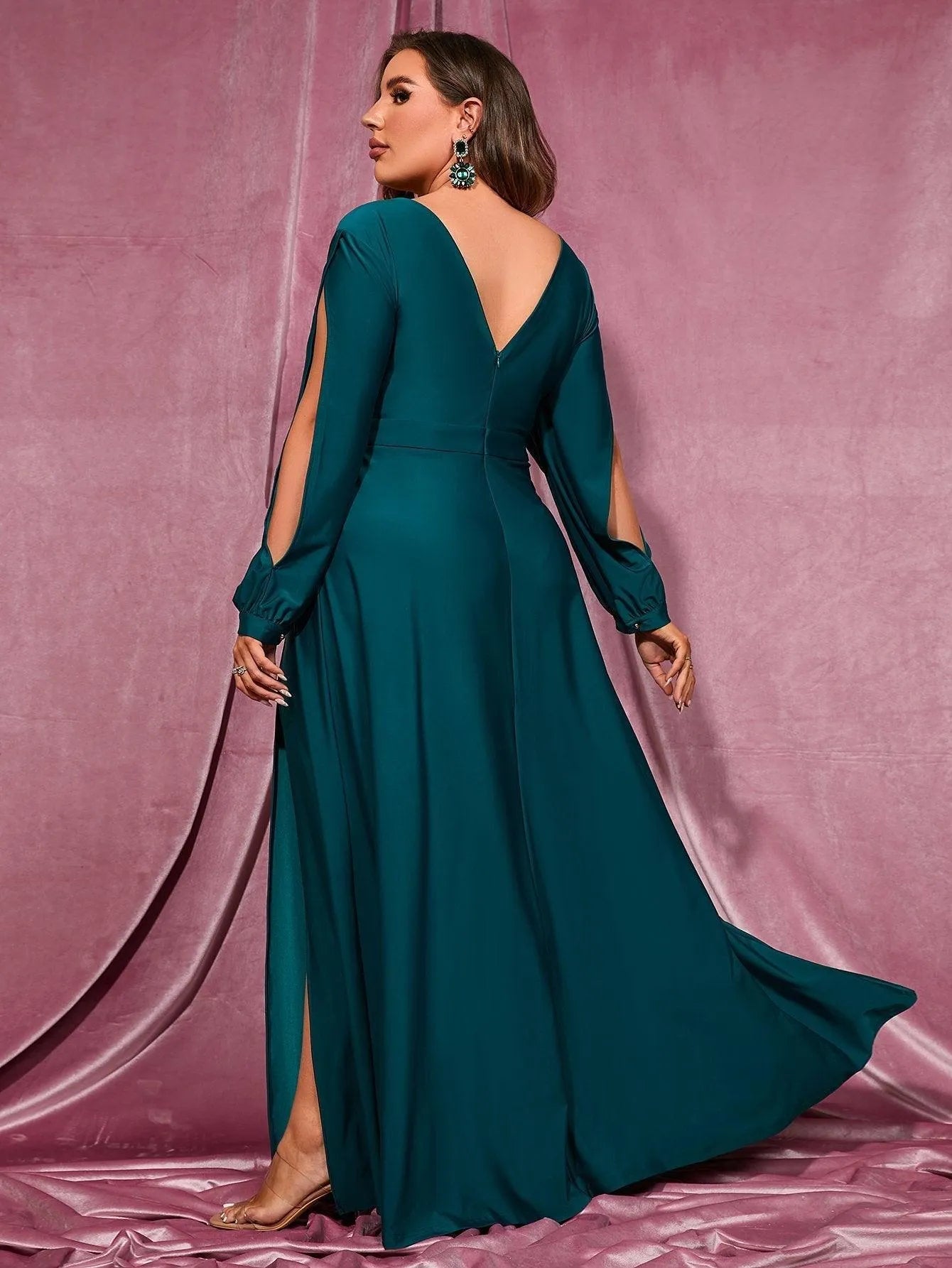 Plus Plunging Neck Lantern Sleeve High Slit Dress Dark Green / 5XL Plus Plunging Neck Lantern Sleeve High Slit Dress Dark Green / 5XL