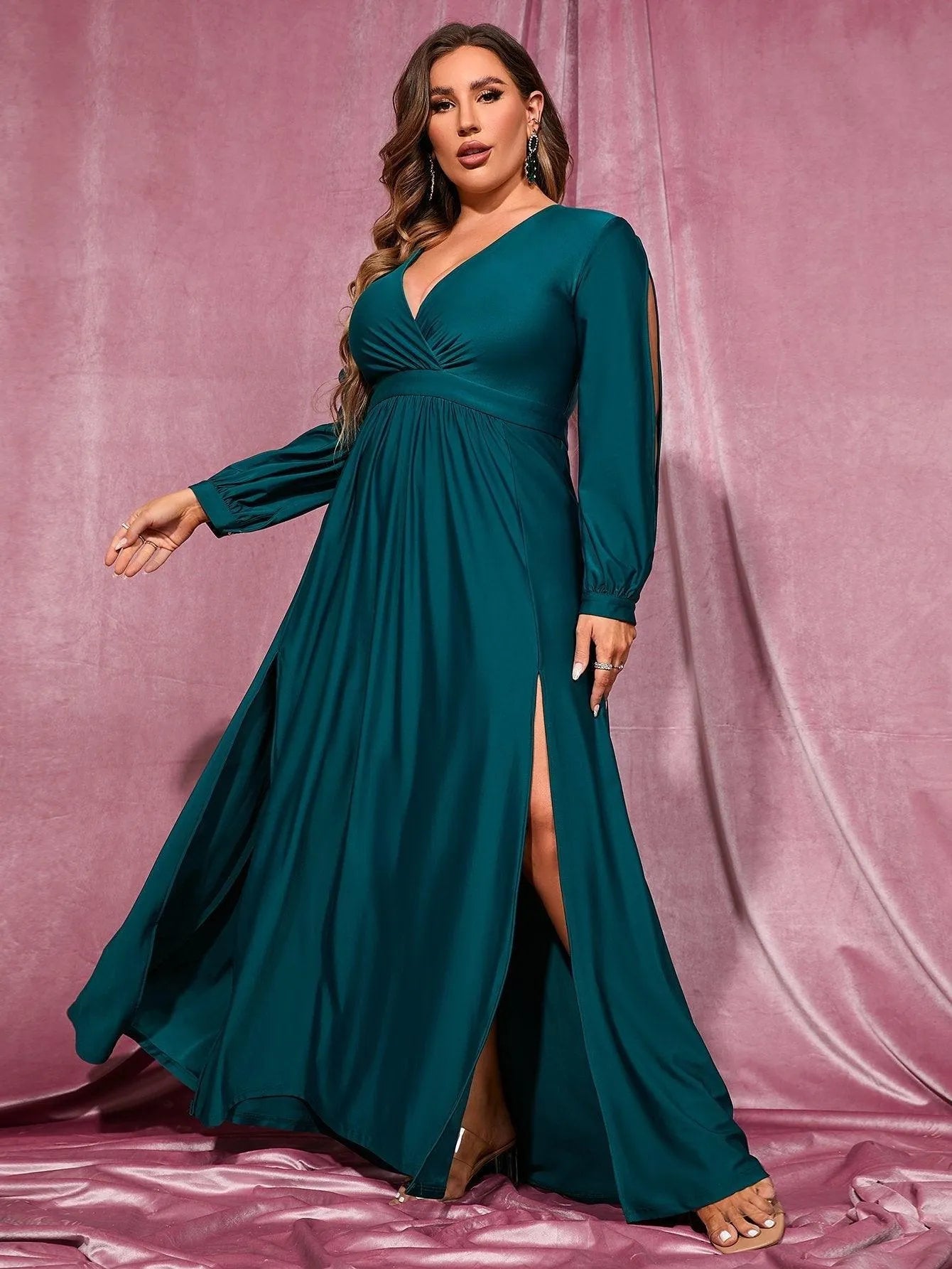 Plus Plunging Neck Lantern Sleeve High Slit Dress - Elonnashop